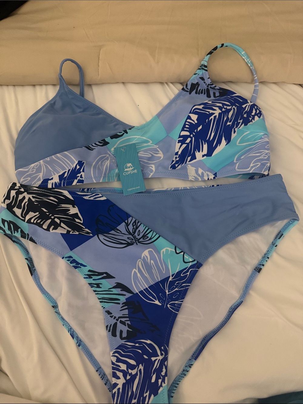 Cupshe Blue & Aqua Tropical Leaf Triangle Bikini Set | XXL